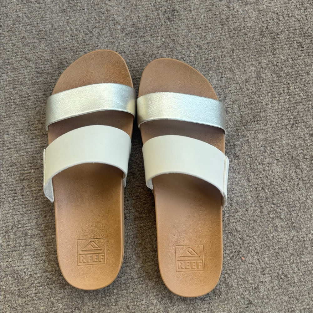 Reef Women’s Double Strap Slide Sandals in White and Silver